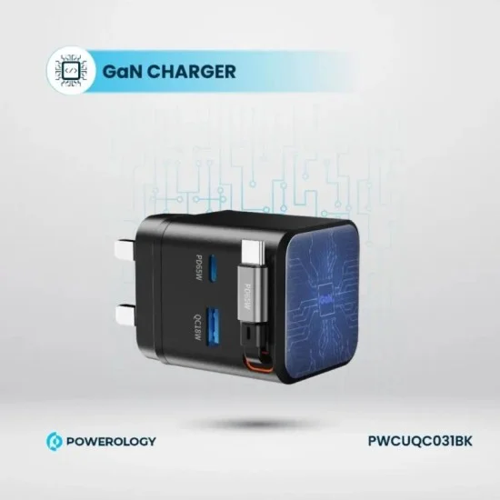 Wall Charger Dual Port | Retractable Gan Charger Powerology - Black